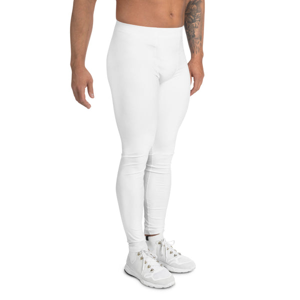 White Solid Color Men's Leggings, Premium Modern Minimalist Meggings-Made in USA/EU-Heidi Kimura Art LLC-Heidi Kimura Art LLC White Solid Color Meggings, Modern Minimalist Solid Color Print Premium Classic Elastic Comfy Men's Leggings Fitted Tights Pants - Made in USA/EU (US Size: XS-3XL) Spandex Meggings Men's Workout Gym Tights Leggings, Compression Tights, Kinky Fetish Men Pants
