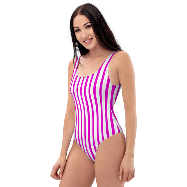 Pink Striped Women's Swimwear, Designer One-Piece Swimsuit-Heidi Kimura Art LLC-Heidi Kimura Art LLC Pink Striped Women's Swimwear, Modern Vertical Stripe Print Designer Luxury 1-Piece Swimwear Bathing Suits, Beach Wear - Made in USA/EU (US Size: XS-3XL) Plus Size Available