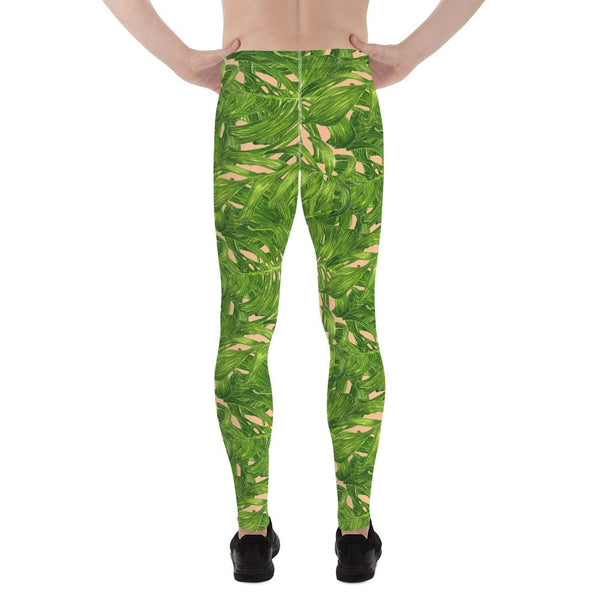 Nude Tropical Green Palm Leaf Print Adam's Men's Leggings Meggings- Made in USA/EU-Men's Leggings-Heidi Kimura Art LLC