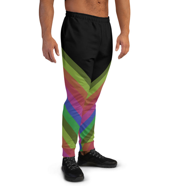 Black Rainbow Stripe Print Designer Rave Party Gay-Friendly Men's Joggers -Made in EU-Men's Joggers-Heidi Kimura Art LLC