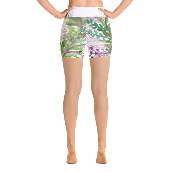 Lavender Floral Print Yoga Shorts, Purple White Green Workout Tights- Made in USA/EU-Yoga Shorts-Heidi Kimura Art LLC