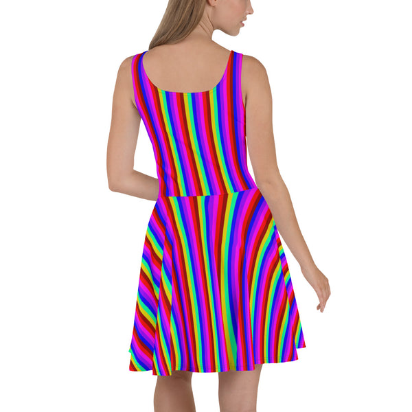Rainbow Stripe Skater Dress, Gay Pride Parade Women's Dress-Made in EU-Heidi Kimura Art LLC-Heidi Kimura Art LLC Rainbow Stripe Skater Dress, Gay Pride Parade Colorful Best Women's A-line Skater Dress Sizes XS-3XL - Made in Europe (US Size: XS-3XL)