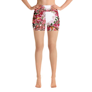 Red Floral Print Women's Yoga Shorts, Premium Short Workout Tights Pants, Made in USA/EU-Yoga Shorts-XS-Heidi Kimura Art LLC