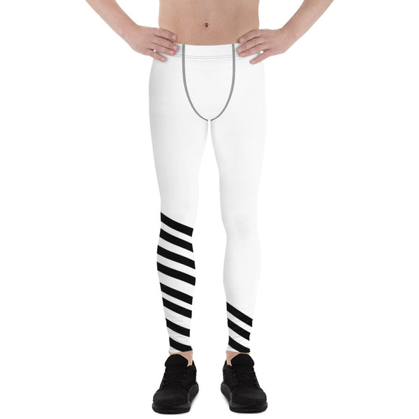 Black White Diagonally Striped Meggings, Men's Running Leggings Tights-Made in USA/EU-Men's Leggings-XS-Heidi Kimura Art LLC
