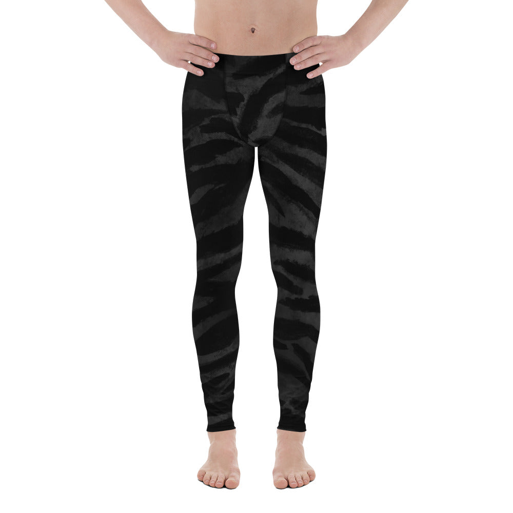 Black Tiger Stripe Men's Leggings, Men's Yoga Pants Running Long Tights-  Made in USA/EU
