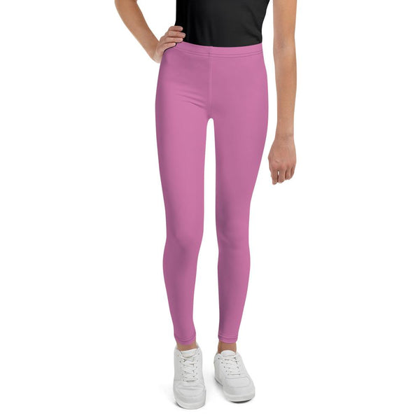 Pink Solid Color Premium Youth Leggings Sports Compression Tights -Made in USA/EU-Youth's Leggings-8-Heidi Kimura Art LLC