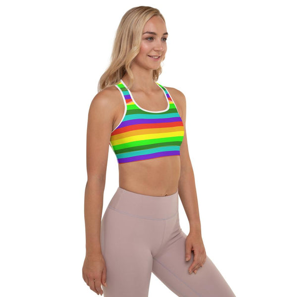 Rainbow Horizontal Stripe Print Women's Padded Gym Fitness Sports Bra-Made in USA/EU-Sports Bras-Heidi Kimura Art LLC
