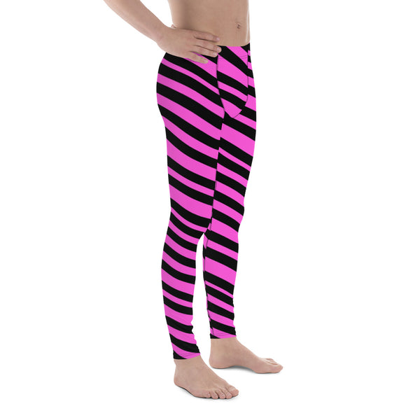 Black & Pink Striped Meggings, Diagonally Striped Men's Running Tights- Made in USA/EU-Men's Leggings-Heidi Kimura Art LLC