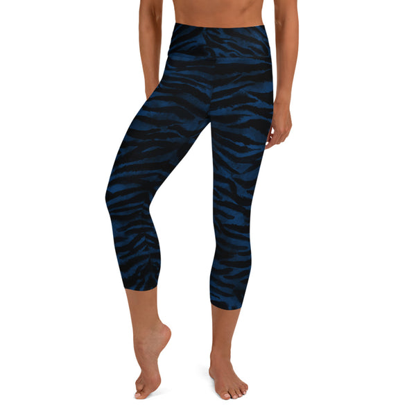 Navy Blue Tiger Capris Tights, Tiger Stripe Capri Leggings, Black Tiger Stripe Animal Skin Print Capri Leggings Casual Activewear - Made in USA/EU (US Size: XS-XL)