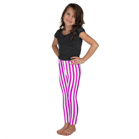Bright Pink White Vertical Stripe Print Kid's Leggings Workout Pants- Made in USA/EU-Kid's Leggings-Heidi Kimura Art LLC