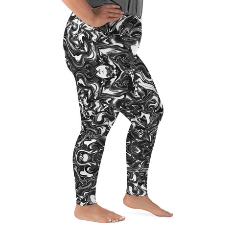 Black Marbled Plus Size Leggings, Marble Print Women's Yoga Pants-Made in USA/EU-Heidi Kimura Art LLC-Heidi Kimura Art LLC Black Marbled Plus Size Leggings, Abstract Marble Print Women's Leggings Plus Size, Women's Yoga Pants Long Plus Size Leggings - Made in USA/EU (US Size: 2XL-6XL)