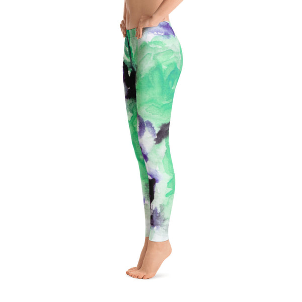 Blue Green Rose Floral Women's Long Casual Leggings/ Running Tights - Made in USA-Casual Leggings-Heidi Kimura Art LLC