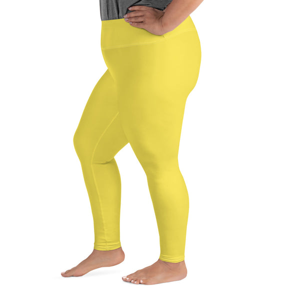 Bright Yellow Solid Color Print Women's Plus Size Leggings Best Pants- Made in USA/EU-Women's Plus Size Leggings-Heidi Kimura Art LLC