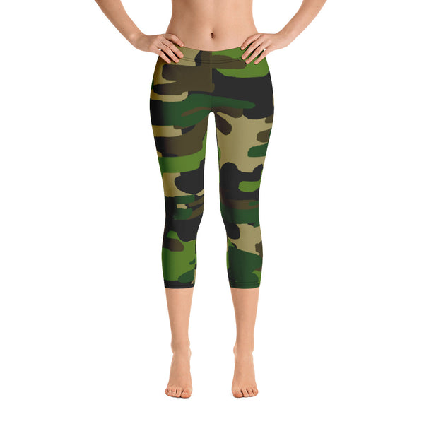 Green Women's Military Camouflage Print Capri Leggings - Made in USA (US Size: XS-XL)-capri leggings-Heidi Kimura Art LLC