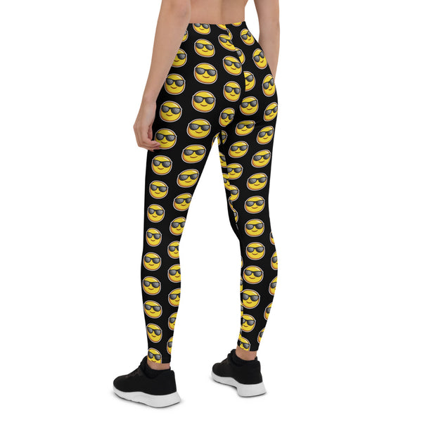 Black Sunshine Emoji Casual Leggings, Women's Tights-Made in USA/EU-Heidi Kimura Art LLC-Heidi Kimura Art LLC