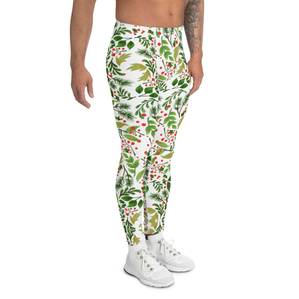 Christmas Floral Happy Men's Leggings, White Xmas Party Meggings Tights-Heidikimurart Limited -Heidi Kimura Art LLC Christmas Floral Happy Men's Leggings, White Xmas Party Sexy Meggings Men's Workout Gym Tights Leggings, Men's Compression Tights Pants - Made in USA/ EU (US Size: XS-3XL) 