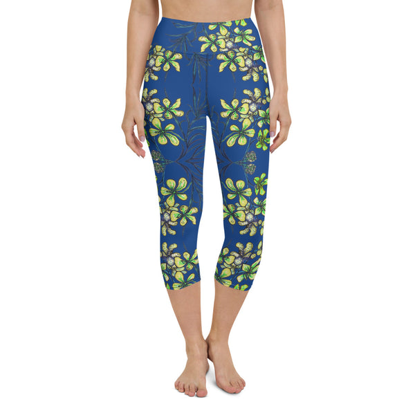 Blue Orchids Yoga Capri Leggings, Floral Print Women's Yoga Capris Tights-Heidi Kimura Art LLC-Heidi Kimura Art LLC