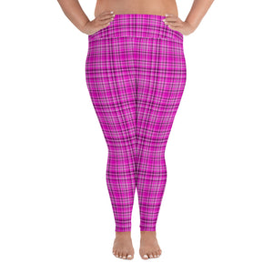 Pink Tartan Scottish Plaid Print Women's Long Yoga Pants Plus Size Leggings-Women's Plus Size Leggings-2XL-Heidi Kimura Art LLC