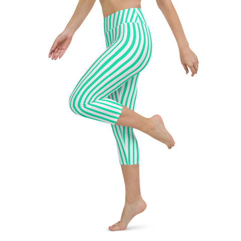 Blue Striped Yoga Capri Leggings, Circus Women's Yoga Tights-Made in USA/EU-Heidi Kimura Art LLC-Heidi Kimura Art LLC Blue Striped Yoga Capri Leggings, Circus Stripes Print Capri Leggings Yoga Pants - Made in USA/EU (US Size: XS-XL)
