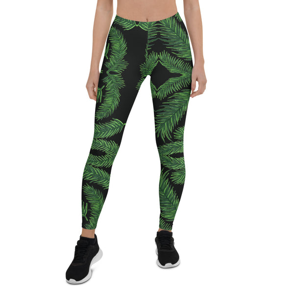 Green Tropical Leaves Leggings, Palm Leaf Print Women's Casual Tights-Made in USA/EU-Heidi Kimura Art LLC-Heidi Kimura Art LLC