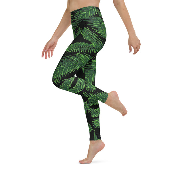 Black Tropical Leaf Print Yoga Leggings, Green Palm Leaf Women's Yoga Tights-Made in USA/EU-Heidi Kimura Art LLC-Heidi Kimura Art LLC