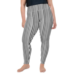 White Black Vertical Stripe Print Women's Best Plus Size Leggings Yoga Pants- Made in USA/EU-Women's Plus Size Leggings-2XL-Heidi Kimura Art LLC
