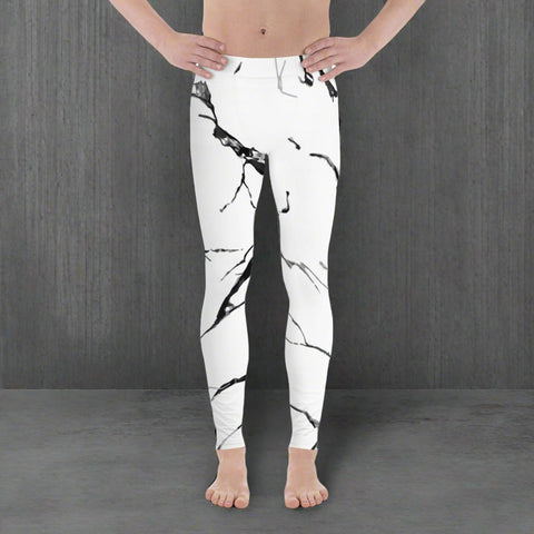 White Marble Print Meggings, Marble Sexy Men's Leggings Workout Tights- Made in USA/EU-Men's Leggings-XS-Heidi Kimura Art LLC White Marble Print Meggings, White Black Gray Marble Texture Sexy Men's Leggings Workout Compression Tights Compression Tights Meggings- Made in USA/MX/EU (US Size: XS-3XL)