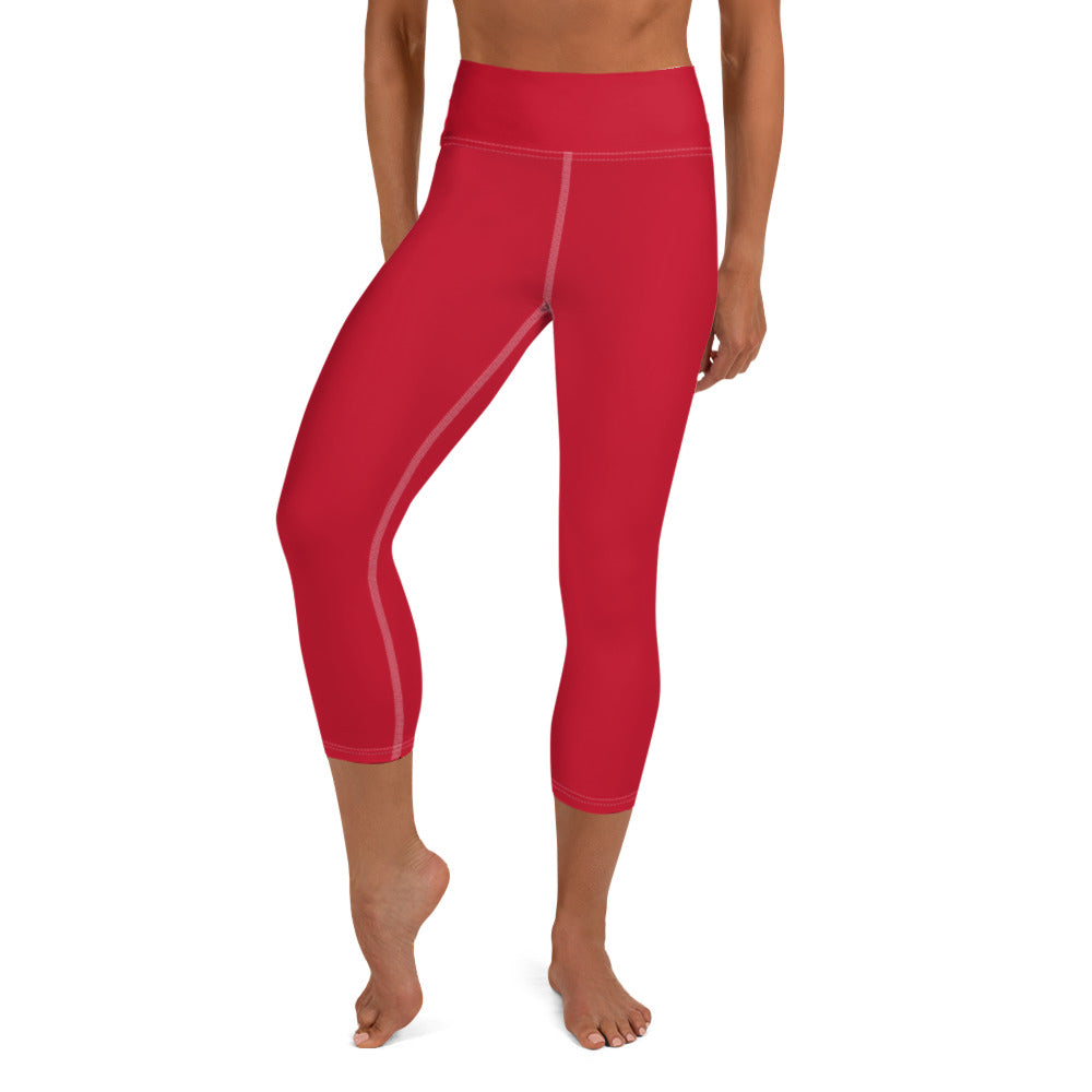 Solid Red Color Print Women's Designer Yoga Capri Leggings Pants- Made in USA/ EU-Capri Yoga Pants-XS-Heidi Kimura Art LLC