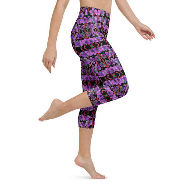 Purple Orchid Yoga Capri Leggings, Women's Floral Print Capris Tights-Made in USA/EU-Heidi Kimura Art LLC-Heidi Kimura Art LLC