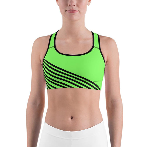 Neon Green Black Diagonal Striped Print Women's Fitness Sports Bra - Made in USA/EU-Sports Bras-Black-XS-Heidi Kimura Art LLC