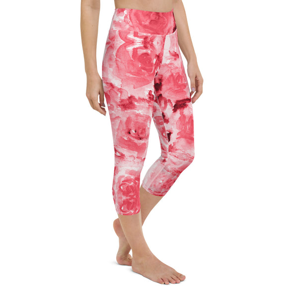 Red Rose Yoga Capri Leggings, Abstract Floral Print Women's Capris Tights-Made in USA/EU-Heidi Kimura Art LLC-Heidi Kimura Art LLC 