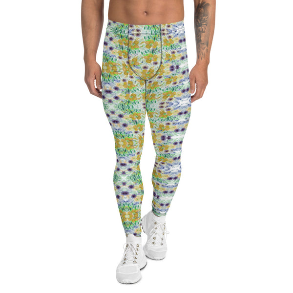 Yellow Floral Print Men's Leggings-Heidikimurart Limited -XS-Heidi Kimura Art LLC Yellow Floral Print Men's Leggings, Vintage Style Party Running Stylish Colorful Sexy Meggings Men's Workout Gym Tights Leggings, Men's Compression Tights Pants - Made in USA/ EU/ MX (US Size: XS-3XL) 