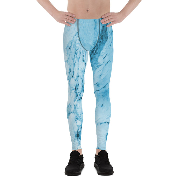 Blue Marble Print Meggings, Designer Abstract Men's Leggings-Made in USA/EU-Heidi Kimura Art LLC-Heidi Kimura Art LLC