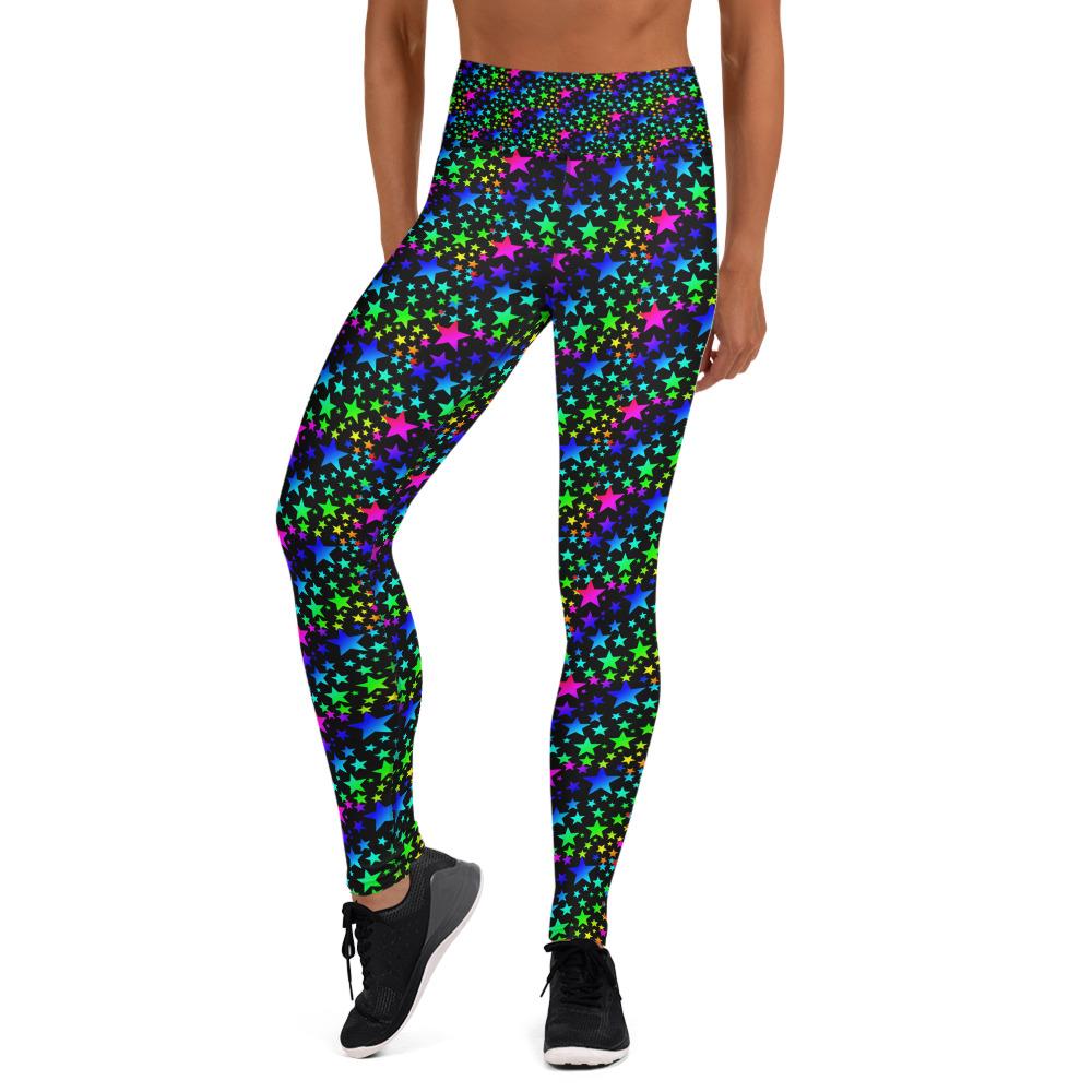 Black Rainbow Star Print Women's Long Workout Yoga Leggings Pants- Made in USA/EU-Leggings-XS-Heidi Kimura Art LLC