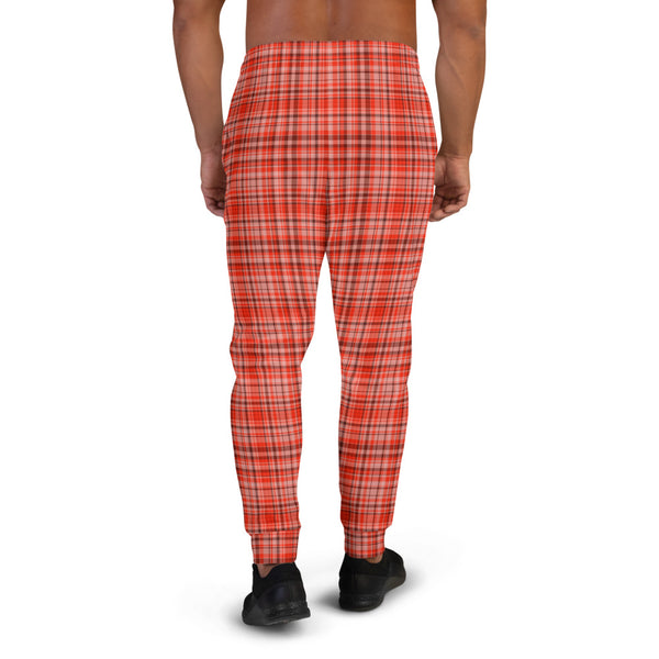 Orange Red Tartan Plaid Print Designer Men's Joggers Jogging Bottoms Pants - Made in EU-Men's Joggers-Heidi Kimura Art LLC