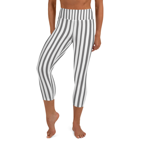 Gray And White Vertical Stripe Women's Yoga Capri Leggings Pants- Made in USA/ EU-Capri Yoga Pants-XS-Heidi Kimura Art LLC