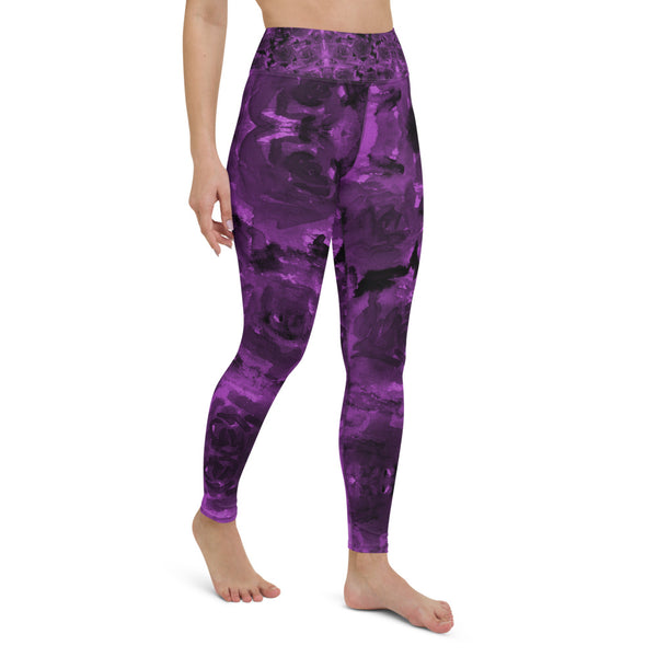 Purple Abstract Yoga Leggings, Floral Long Tights-Made in USA/EU-Heidi Kimura Art LLC-Heidi Kimura Art LLC