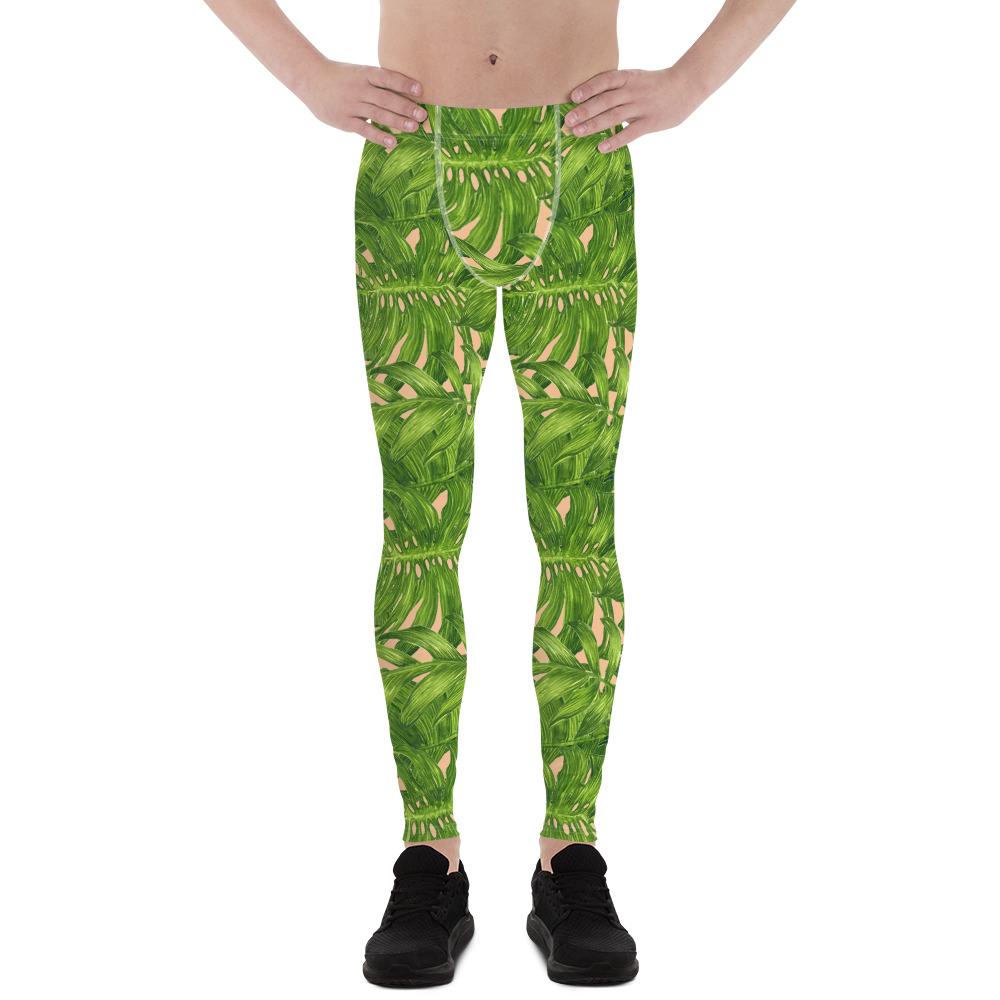 Nude Tropical Green Palm Leaf Print Adam's Men's Leggings Meggings- Made in USA/EU-Men's Leggings-XS-Heidi Kimura Art LLC