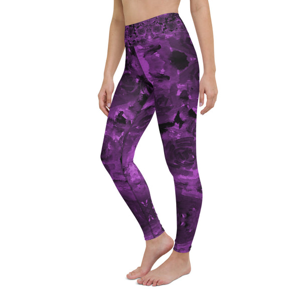 Purple Abstract Yoga Leggings, Floral Long Tights-Made in USA/EU-Heidi Kimura Art LLC-Heidi Kimura Art LLC