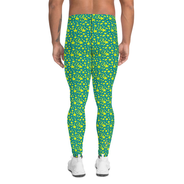 Bright Blue Yellow Starry Meggings, Designer Men's Leggings-Heidi Kimura Art LLC-Heidi Kimura Art LLC Bright Blue Yellow Starry Meggings, Designer Star Print Modern Meggings, Men's Leggings Tights Pants - Made in USA/EU (US Size: XS-3XL) Sexy Meggings Men's Workout Gym Tights Leggings