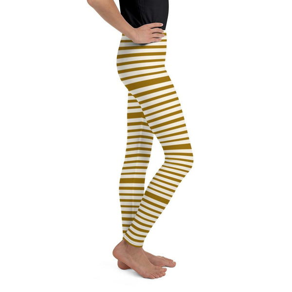 Brown Light Yellow Horizontal Stripe Print Premium Youth Leggings- Made in USA/EU-Youth's Leggings-Heidi Kimura Art LLC