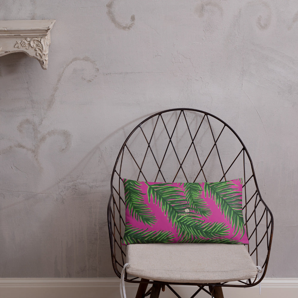 Green Deep Pink Tropical Palm Leaf Print 20”x12”, 18"x18" Basic Pillow Case - Made in USA-Pillow-20×12-Heidi Kimura Art LLC