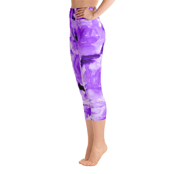 Purple Rose Floral Print Women's Capri Leggings Yoga Pants With Roses - Made in USA-Capri Yoga Pants-Heidi Kimura Art LLC