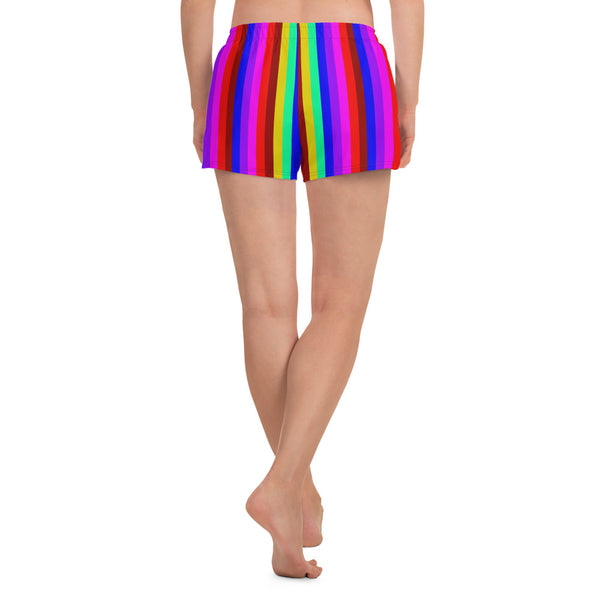 Gay Pride Shorts, Rainbow Stripe Women's Athletic Short Shorts-Heidi Kimura Art LLC-Heidi Kimura Art LLC Gay Pride Shorts, Rainbow Stripe LGBTQ Friendly Print Designer Best Women's Athletic Running Short Printed Water-Repellent Microfiber Individually Sewn Shorts With Elastic Waistband With A Drawstring And Mesh Side Pockets - Made in USA/EU (US Size: XS-3XL) Running Shorts Womens, Printed Running Shorts, Plus Size Available, Perfect for Running and Swimming 