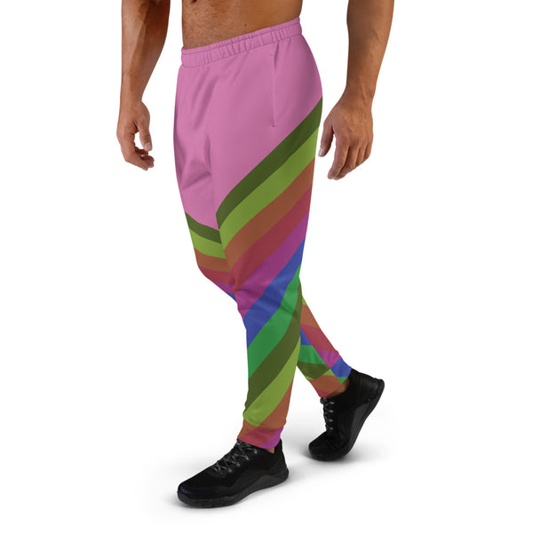 Pink Vintage Style Rainbow Stripe Print Men's Joggers Jogging Bottoms Sweatpants - Made in EU-Men's Joggers-Heidi Kimura Art LLC