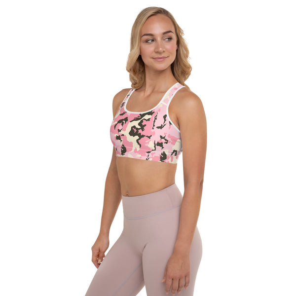 Pink Cute Camo Army Military Print Women's Padded Fitness Sports Bra- Made in USA/EU-Sports Bras-Heidi Kimura Art LLC