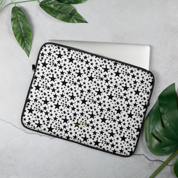 Black Star Pattern Print White Designer 13" or 15" Snug Fit Laptop Sleeve-Made in USA/EU-Laptop Sleeve-15 in-Heidi Kimura Art LLC