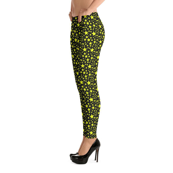 Yellow Rock Star Print Black Best Women's Premium Casual Leggings- Made in USA/EU-Casual Leggings-Heidi Kimura Art LLC