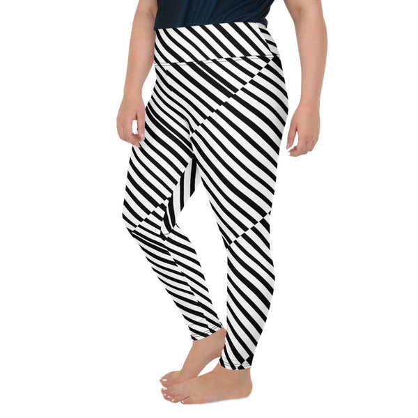 Diagonal Black White Stripe Designer Print Plus Size Leggings Pants- Made in USA/ EU-Women's Plus Size Leggings-Heidi Kimura Art LLC