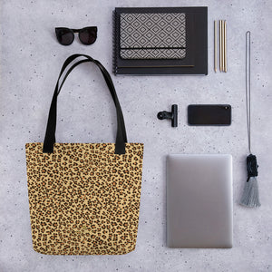 Brown Leopard Animal Print Designer 15" x 15" Market Reusable Tote Bag- Made in USA/EU-Tote Bag-Black-Heidi Kimura Art LLC
